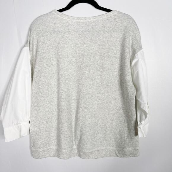 LOFT Medium M Gray White French Terry Mixed Media Pullover Top 3/4 Sleeve - Picture 2 of 9